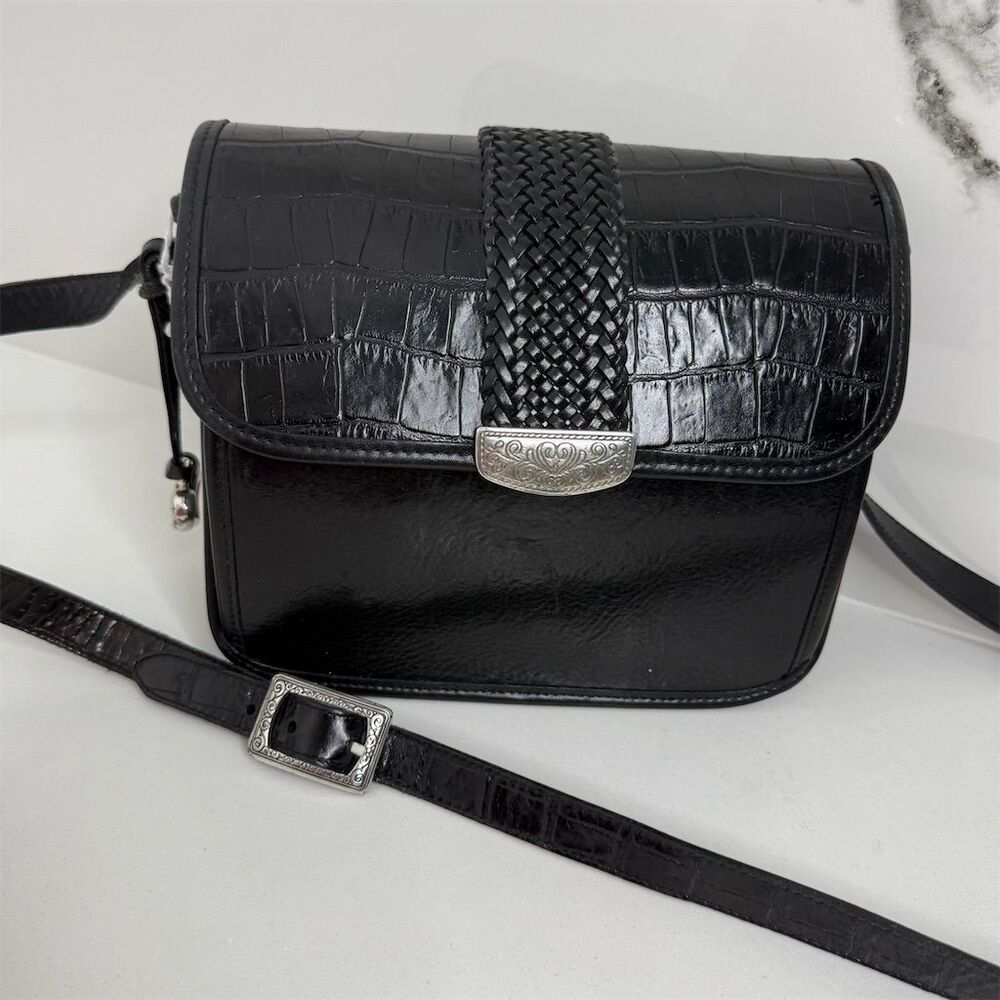 Brighton Black Croc-Embossed Leather Crossbody with Braided Strap